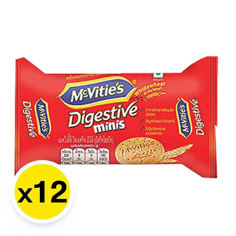 McVitie's Digestive Minis Whole Wheat Biscuits in a 12-pack, featuring 32.5g snack packs of crunchy, healthy whole wheat biscuits.