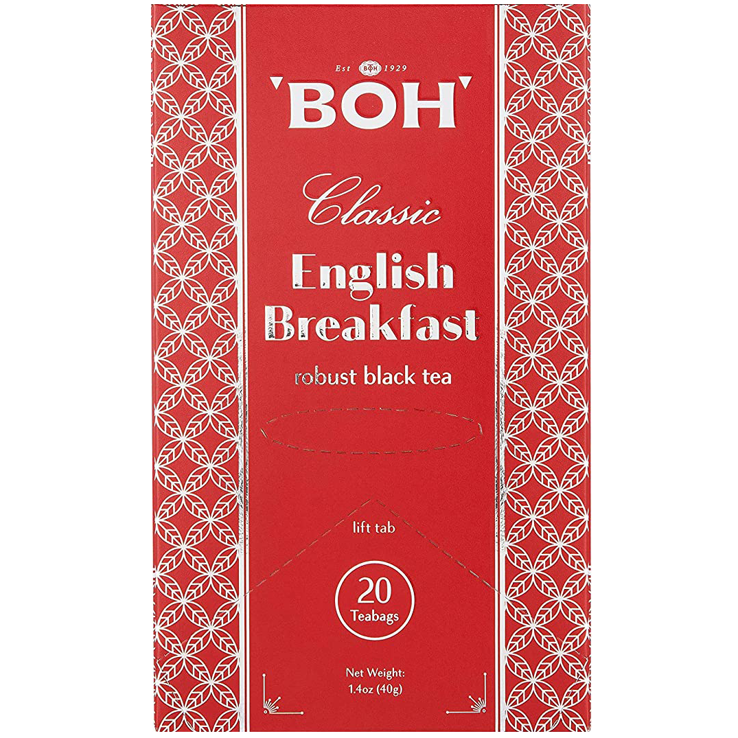 Boh English Breakfast Tea drink in a clear glass, showcasing its dark amber color and refreshing appearance.