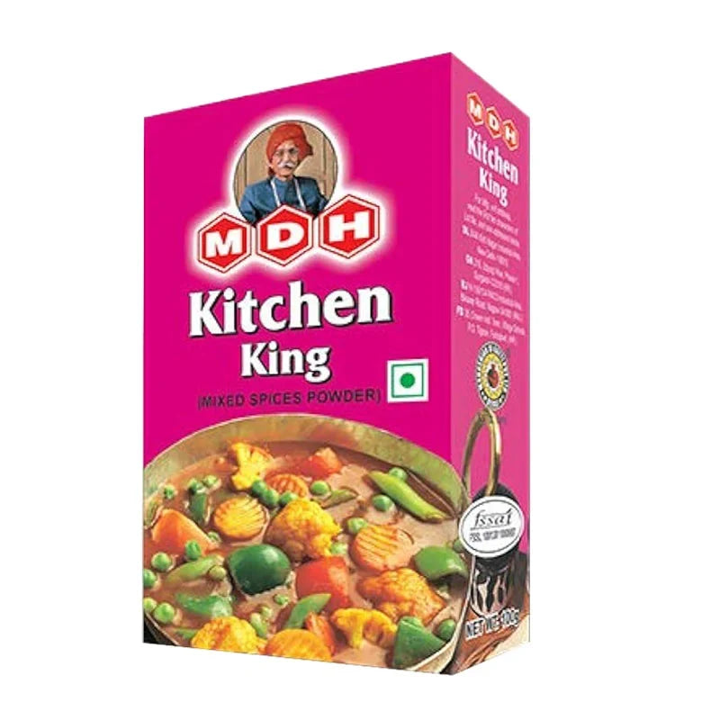 MDH Kitchen King spice blend in 100g package, a dry grocery seasoning with a colorful mix of herbs and spices for flavorful cooking.