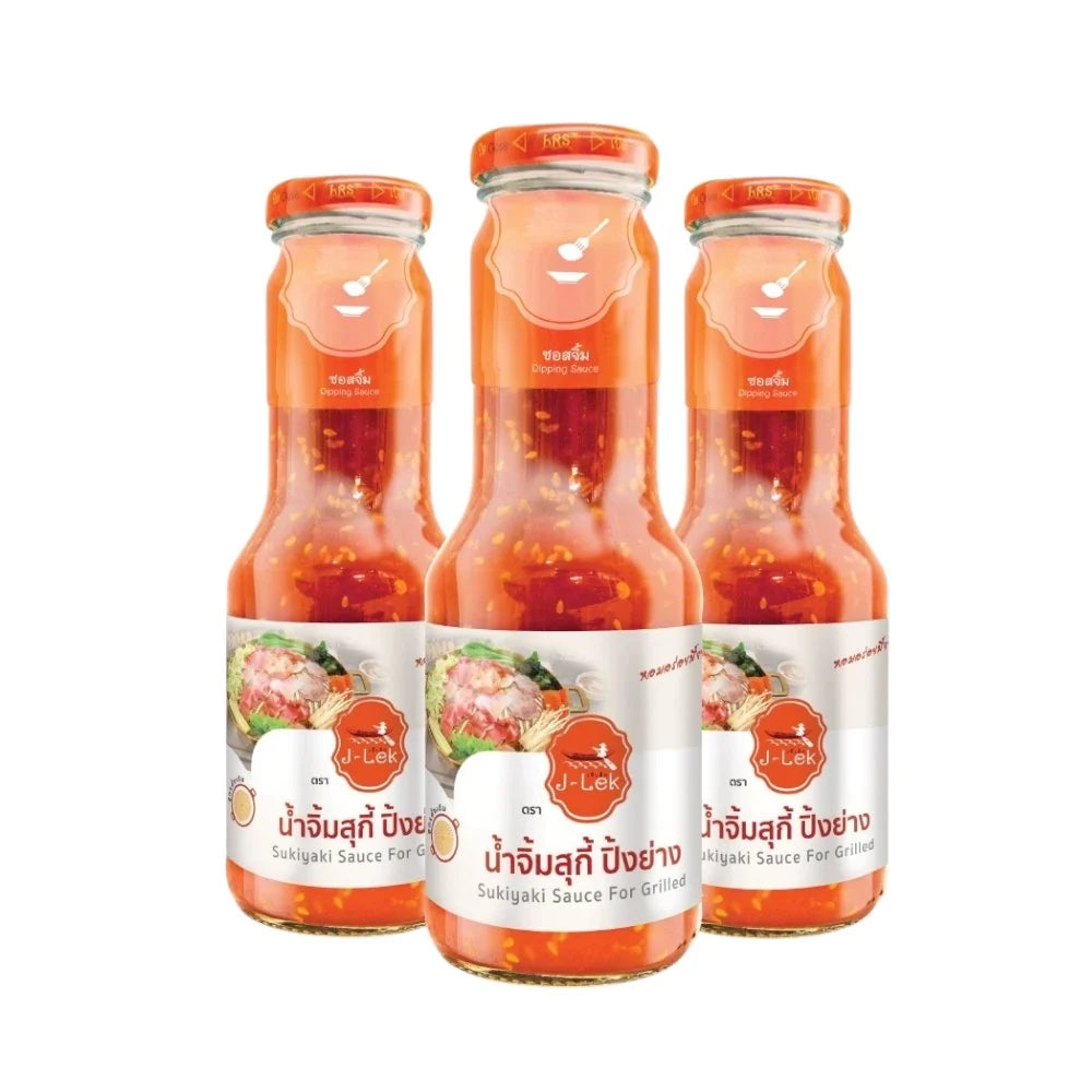 Three 350g bottles of J-LEK Jae Lek Sukiyaki Grill Sauce in glass bottles, used for Japanese-style grilling and dipping.