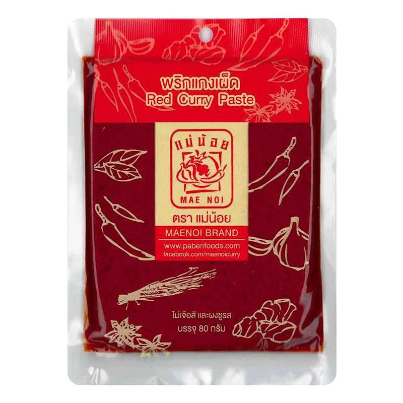 Mae Noi Red Curry Paste 80g in a sealed plastic container, displaying vibrant red color and Thai-inspired label.