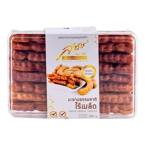Sarach Gold natural seedless tamarind confectionery snack in a clear package, showcasing the dark, sticky tamarind pieces.