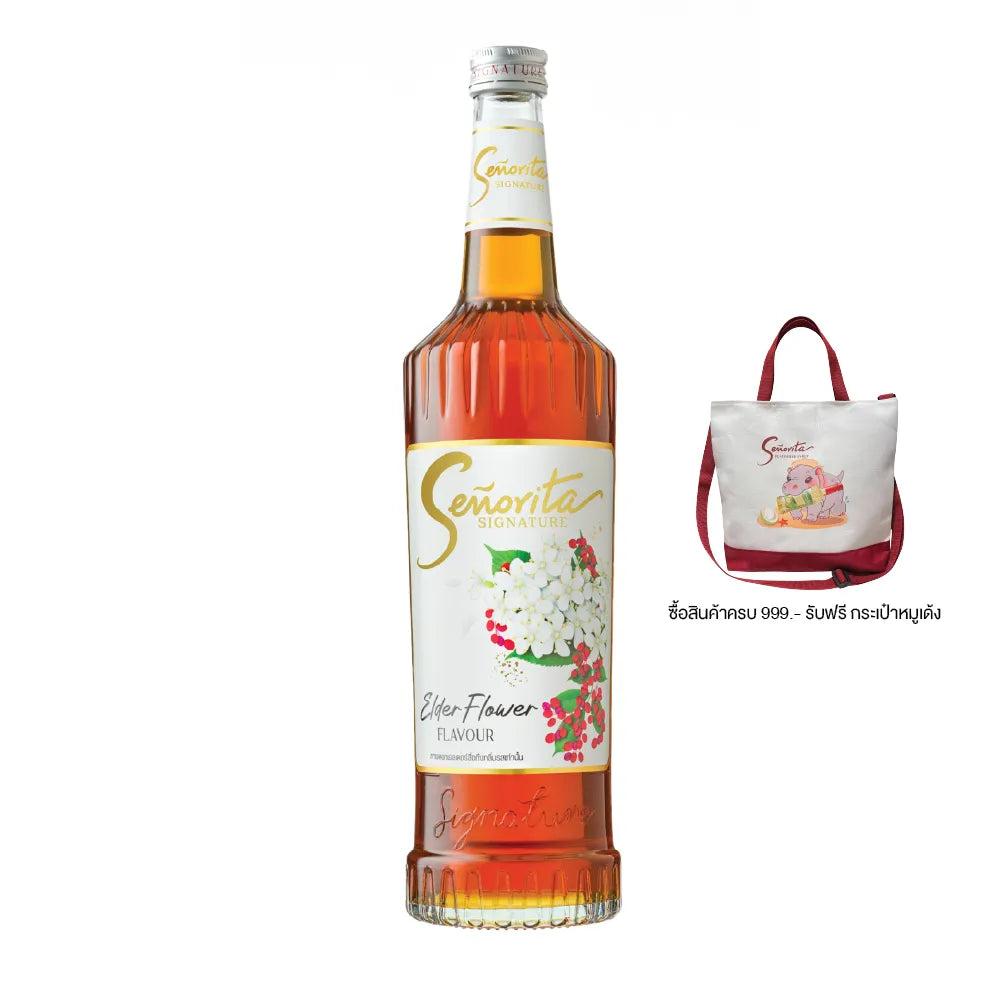 Senorita Signature Elder Flower Syrup in 720ml bottle, ideal for beverages and desserts in dry grocery selection.