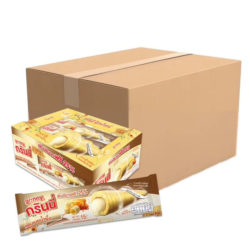 GRINNY honey butter coated snack filled with cream, 15g each, in a pack of 12, ideal for dry grocery and snack lovers.