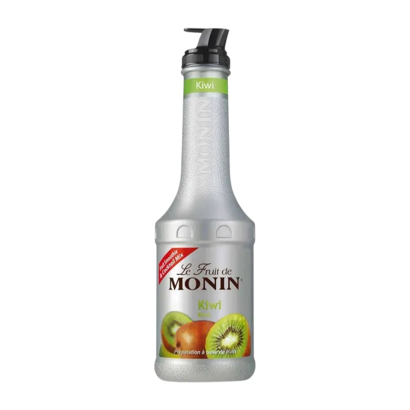 Bottle of MONIN Kiwi Fruit MIX syrup for drinks, 1000ml, in a clear plastic bottle with a kiwi fruit label.