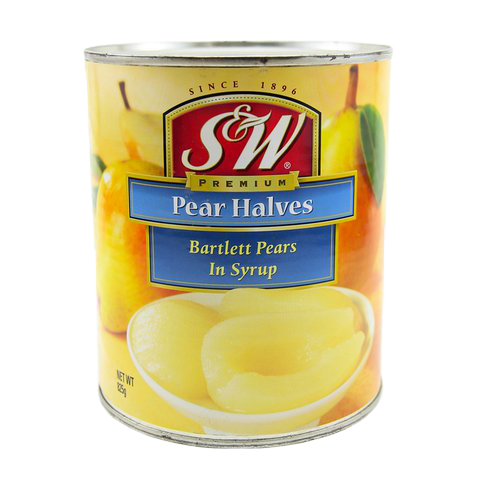 Canned S&W Pear Halves in syrup, showing shiny pear halves in a can with label and lid, ready for use in desserts or snacks.