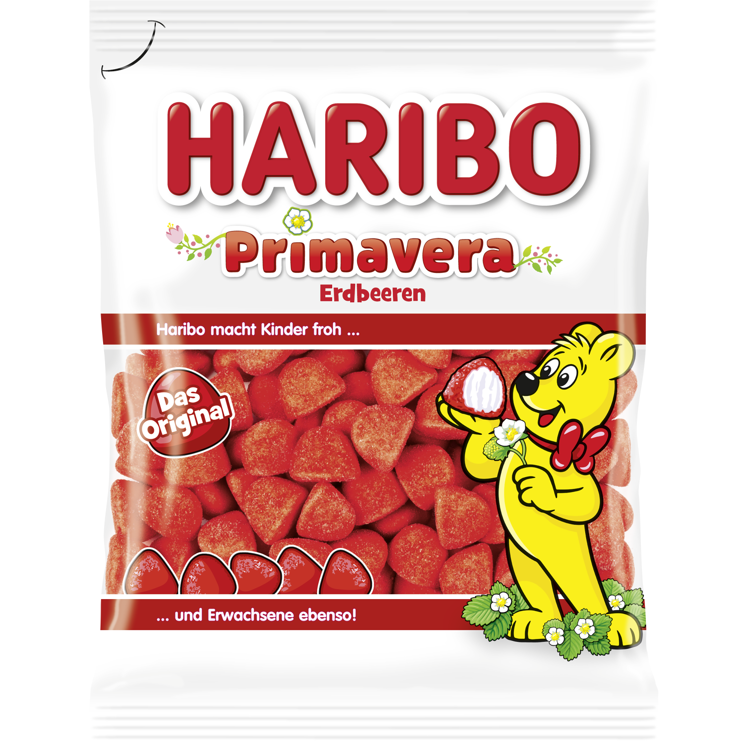Colorful Haribo Jelly Strawberry confectionery snacks with bright red and green jelly pieces in a clear container.
