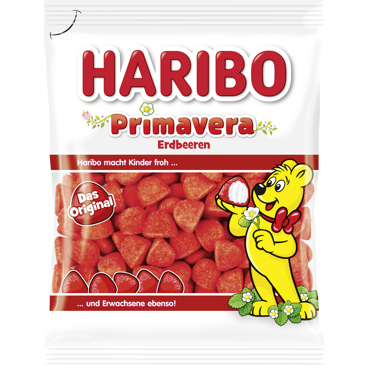Colorful Haribo Jelly Strawberry confectionery snacks with bright red and green jelly pieces in a clear container.
