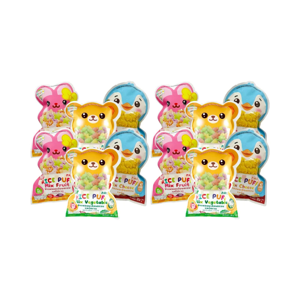 Begin Baby rice puff snack, small round crunchy cereal for babies, in colorful packaging, ideal for young children’s snacks.