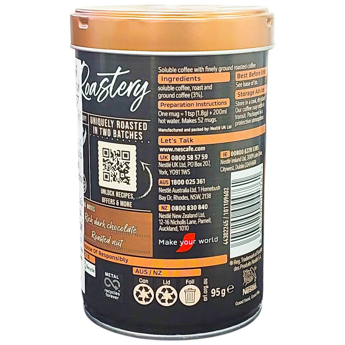 Nescafe Gold Blend Roastery Collection Dark Roast coffee drink in a glass with coffee beans and a coffee cup.