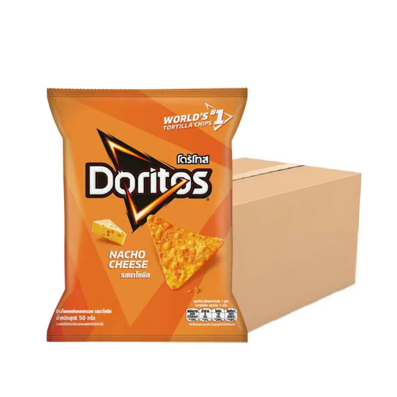 DORITOS Nachocheese snack pack, 50g x12, crispy cheese-flavored tortilla chips in colorful packaging.