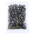 Dried butterfly pea flowers in a 50g package from MAKRO, used in teas and herbal remedies, shown in the product image.