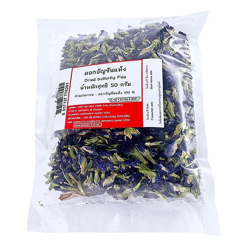 Dried butterfly pea flowers in a 50g pack from MAKRO, suitable for herbal teas and cooking, shown in the product image.