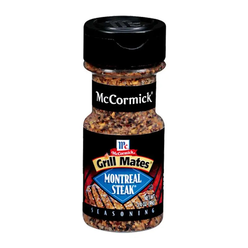 MCCORMICK Grill Mates Montreal Steak Seasoning jar with spice blend, 96g, suitable for grilling and enhancing meat flavor.