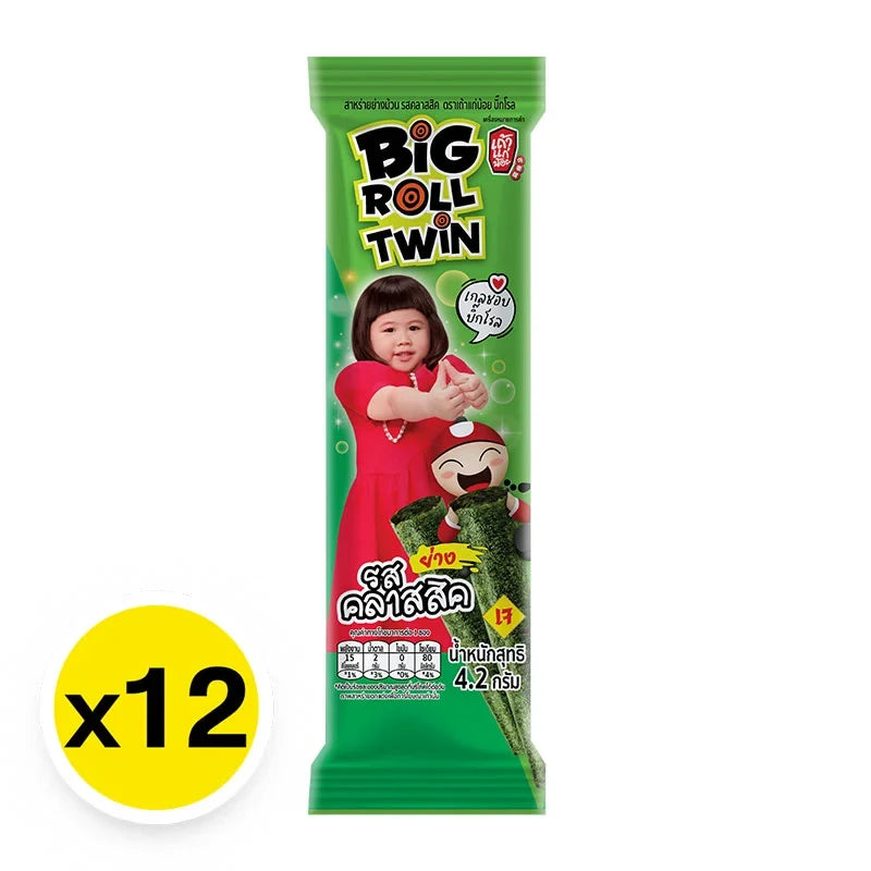 Taokaenoi Big Roll Grilled Seaweed snack, classic flavor, 4.2g x12 packs, dry grocery snack, crispy seaweed sheets