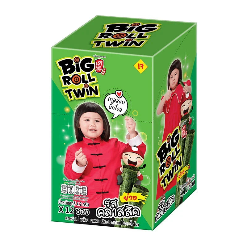 Taokaenoi Big Roll Grilled Seaweed snack, classic flavor, 4.2g x12 packs, dry grocery snack of roasted seaweed strips.