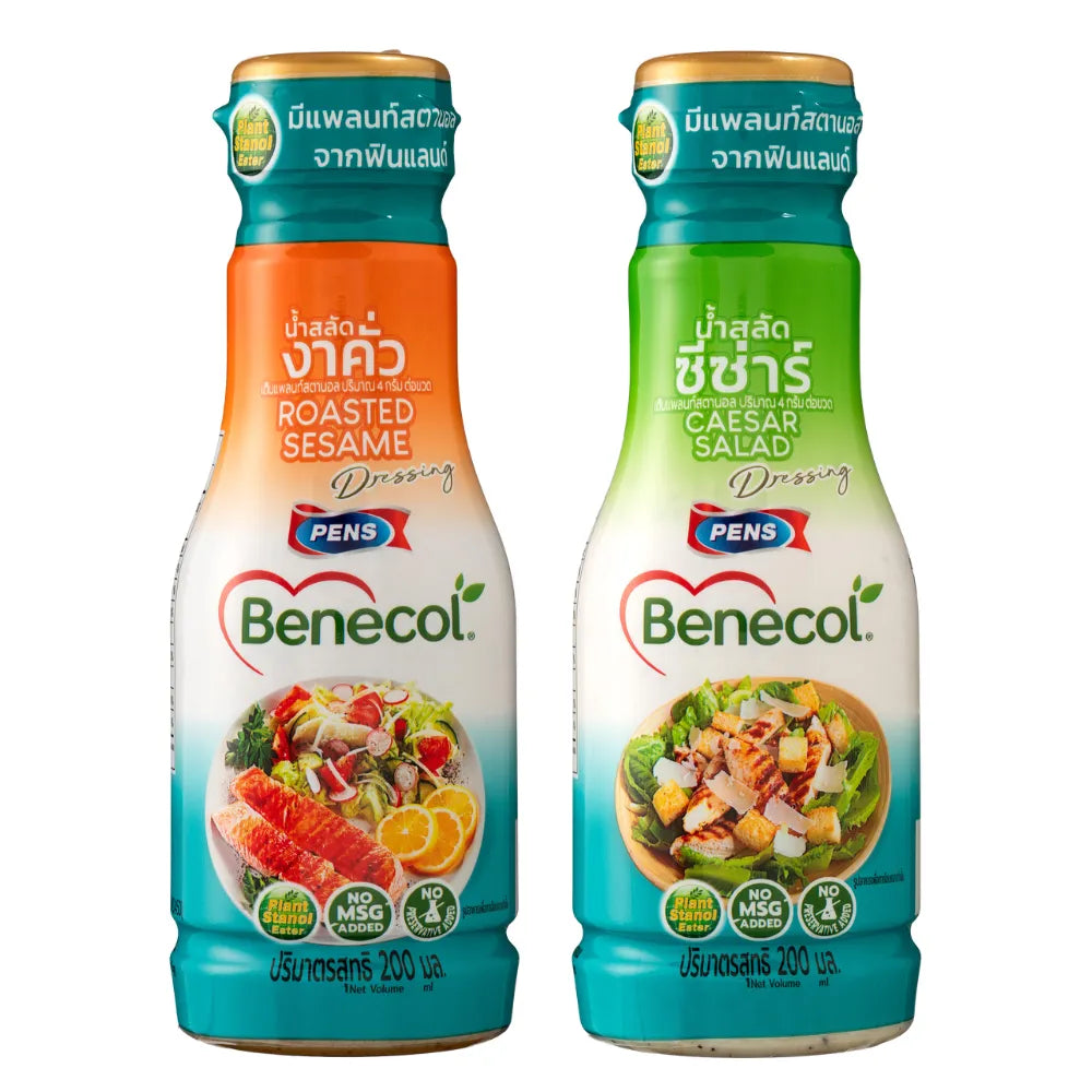 Benecol roasted sesame and Caesar salad dressing, 200g, dry grocery product, in a clear bottle with label showing ingredients.