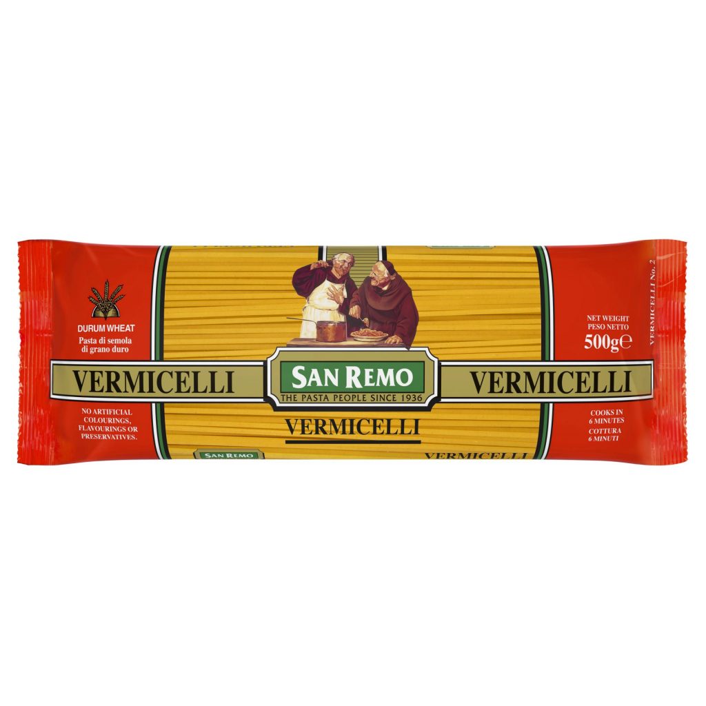San Remo Vermicelli pasta in a grocery package, showcasing thin, long wheat noodles ideal for Italian-style dishes.