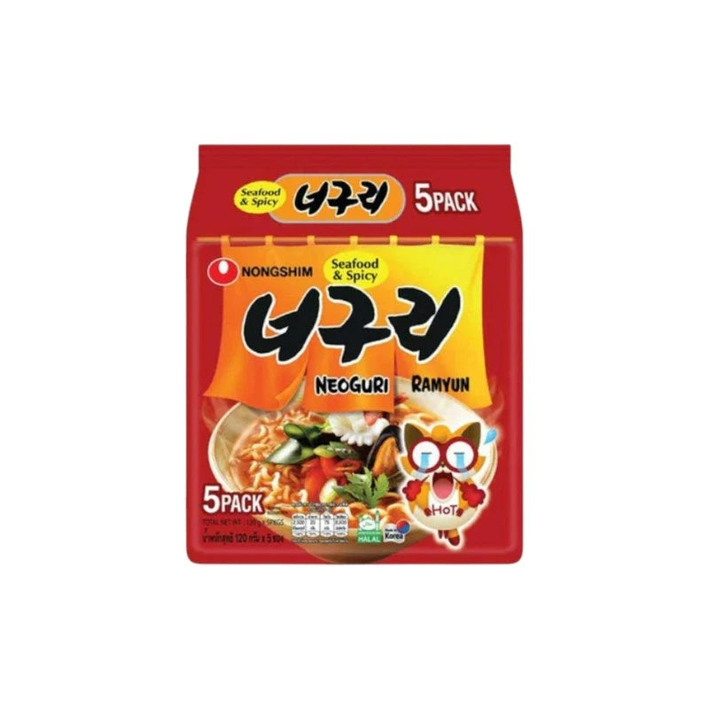 NONGSHIM Neoguri Ramyun Seafood and Spicy instant noodle pack in a dry grocery package with colorful branding and noodle illustrations.