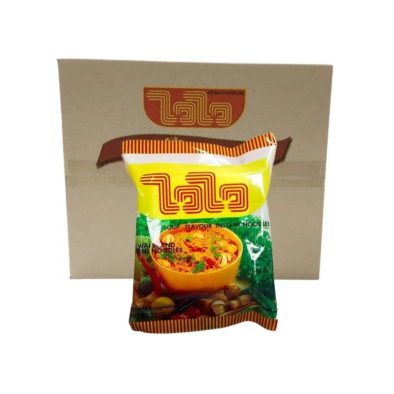 WAIWAI Instant Noodles Original Tom Yum flavor 60g, dry grocery product with vibrant packaging and noodles ready to cook.