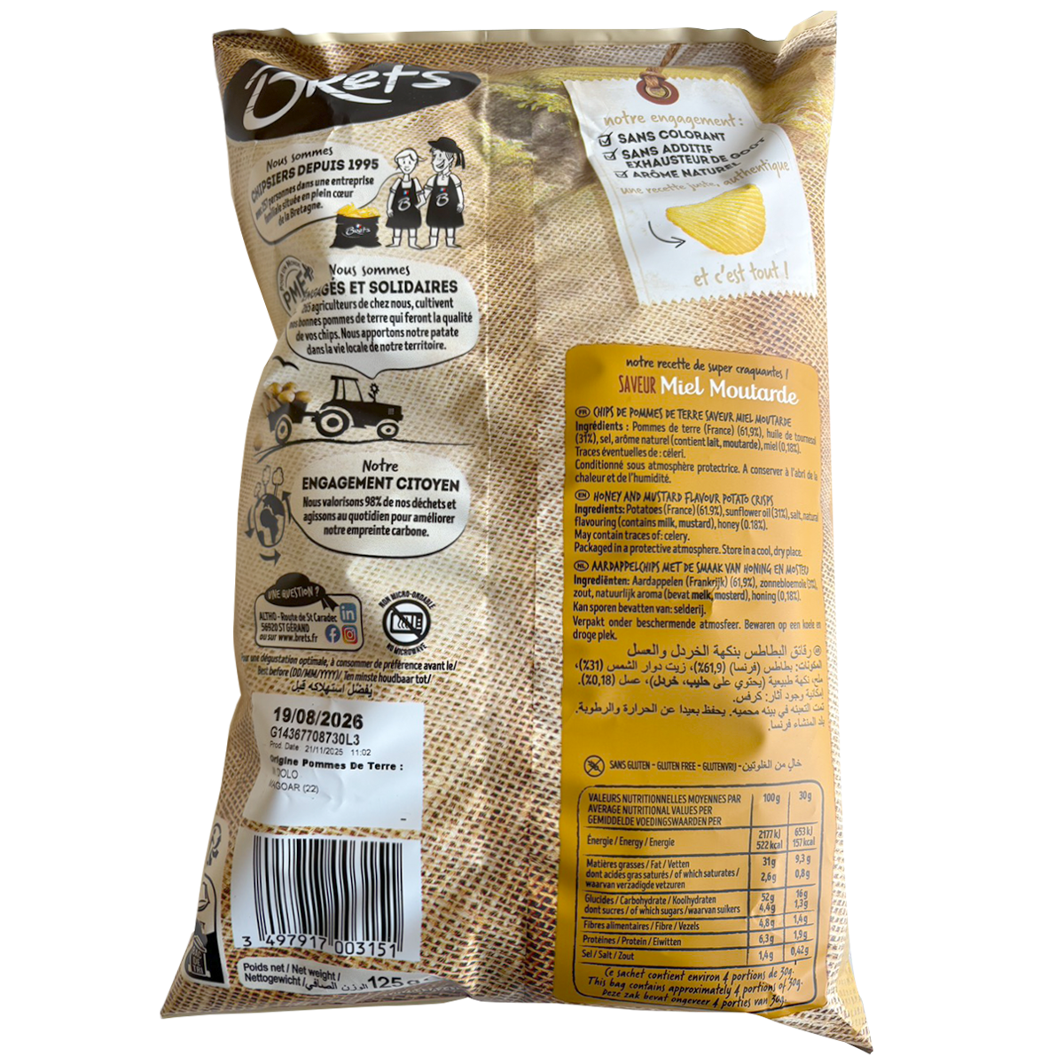 Brets Honey Mustard Potato Chips, crispy snack with honey and mustard flavor, shown in a close-up image.