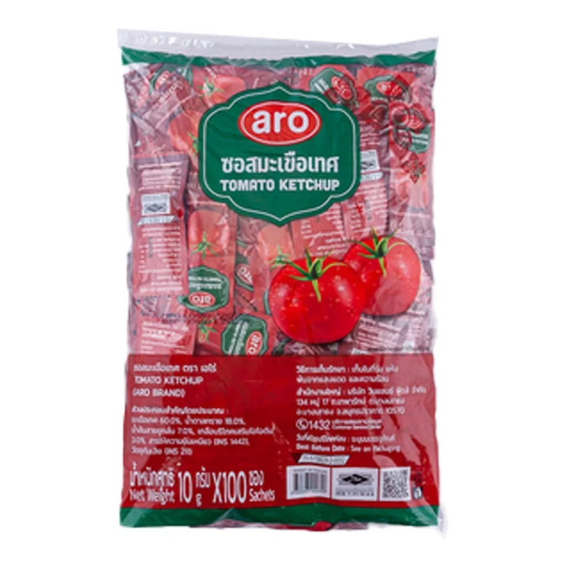 Aro Tomato Sauce 10g packet in dry grocery aisle, featuring bright red tomato sauce logo and packaging design.