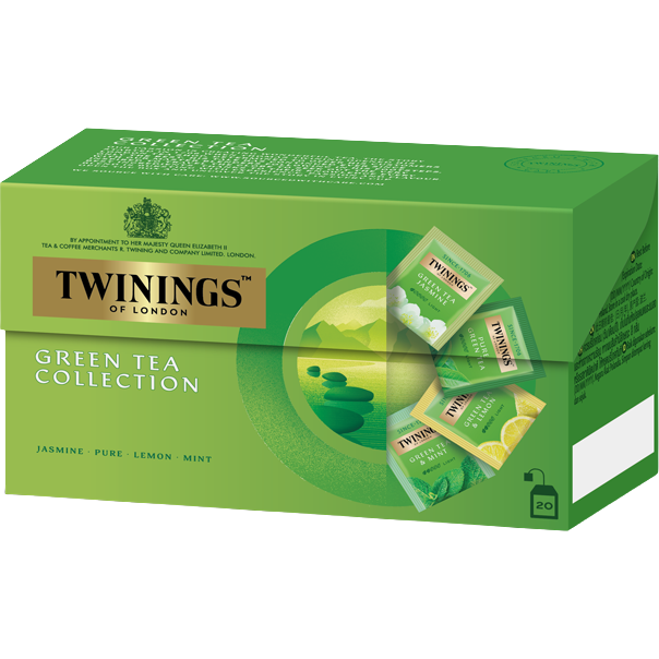 Twining Green Teas Collection drink featuring vibrant green tea leaves and packaging in a colorful box.