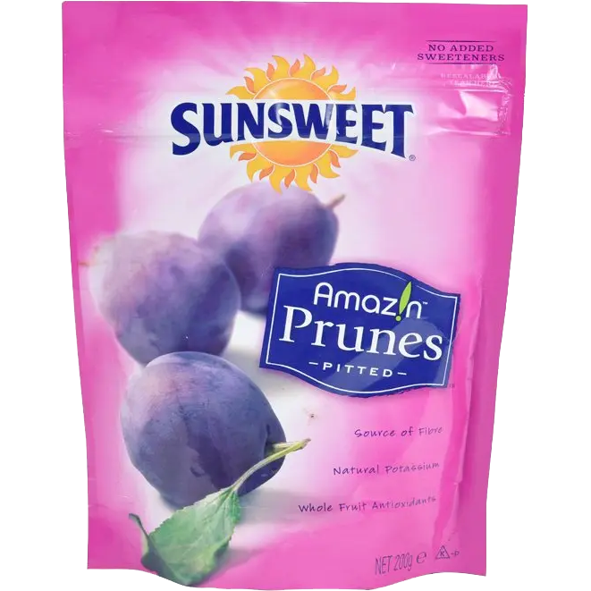 Sunsweet Sweet Prunes in a clear bowl, showing glossy, dark dried fruit as a healthy confectionery snack.