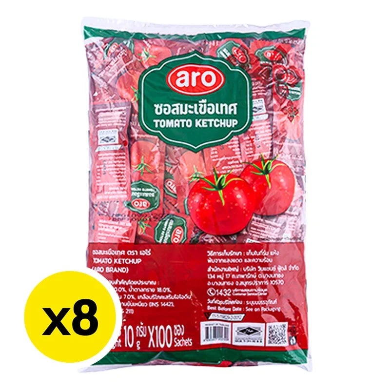 Aro Tomato Sauce packet, 10g x8, dry grocery product with bright red tomato sauce image on packaging.