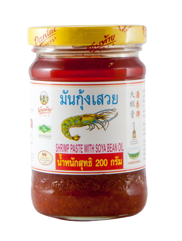 Pantainorasingh shrimp paste with bean oil in a jar, used for cooking and flavoring in Thai cuisine.