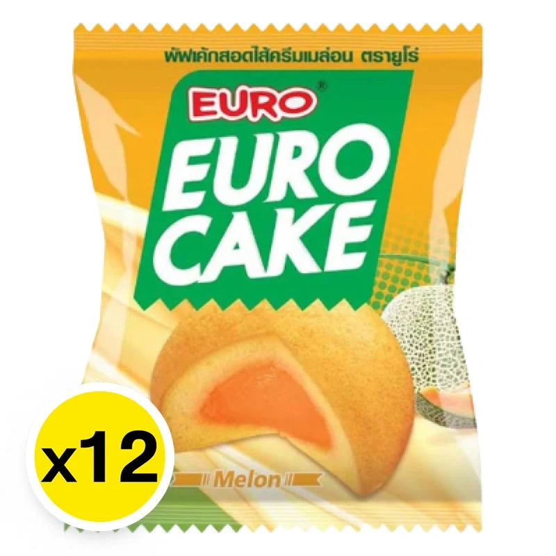 Euro Euro Cake melon flavor snack pack, 17g x12, dry grocery confectionery with fruity melon taste in individual packaging.