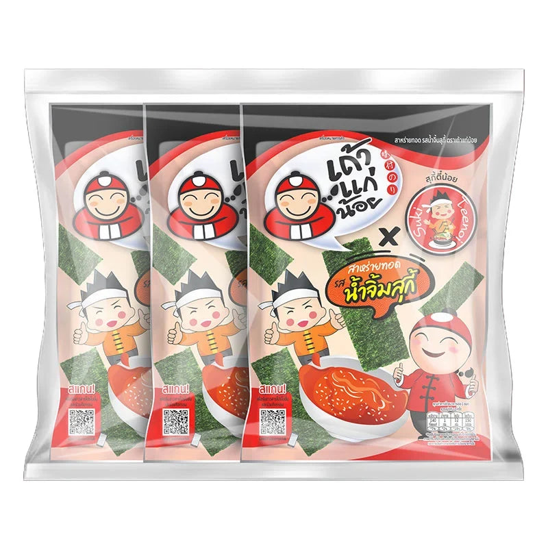 Taokaenoi Fried Seaweed Snacks with Suki Sauce, 20g x 3 pack, popular dry grocery snack with crispy seaweed flavor