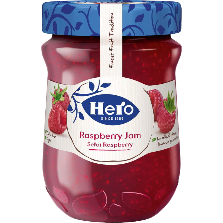 Hero Raspberry Jam jar with bright red raspberry jam spread on a spoon, showcasing fresh fruit and smooth texture.
