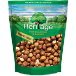 Heritage Raw Hazel Nuts, natural confectionery snacks, close-up of raw hazelnuts in shell on a neutral background.