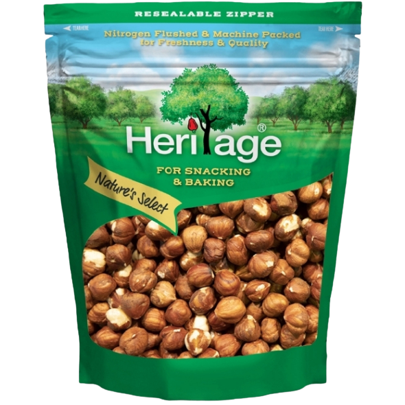 Heritage Raw Hazel Nuts, natural confectionery snacks, close-up of raw hazelnuts in shell on a neutral background.