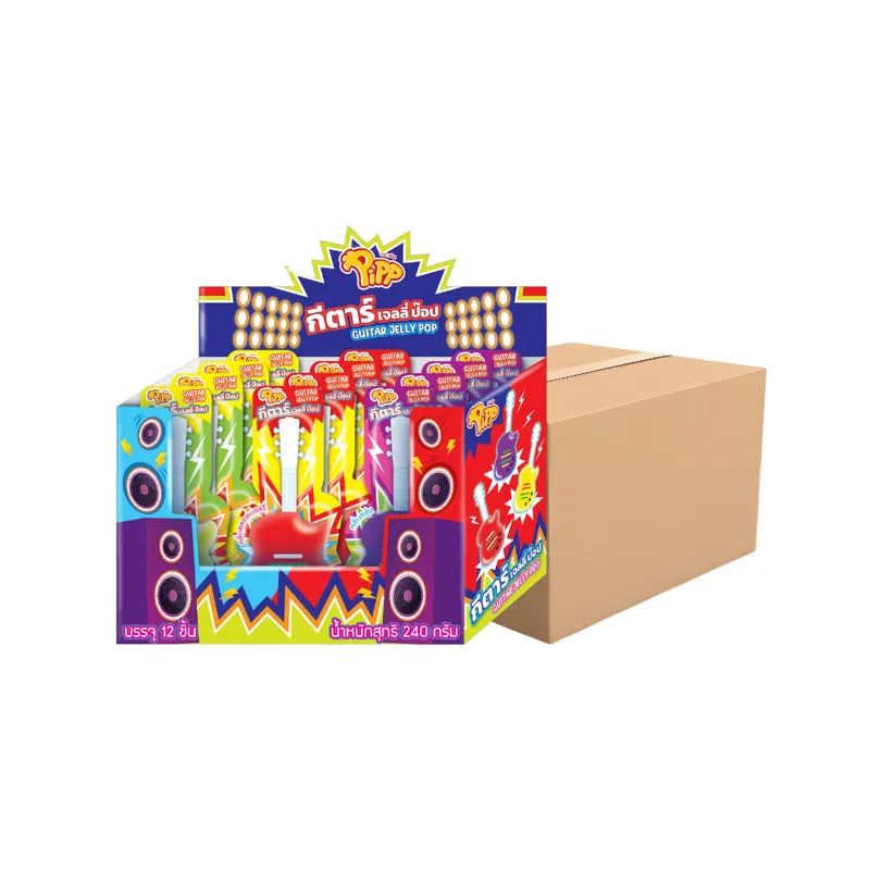 PIPP Pipp Pip Guitar Jelly Pops with lemon, grape, and strawberry flavors, colorful candies in a clear wrapper.