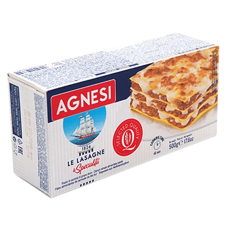 Dry Agnesi Lasagne No.87 pasta 500g package, showing uncooked flat lasagne sheets from the AGNESI brand.