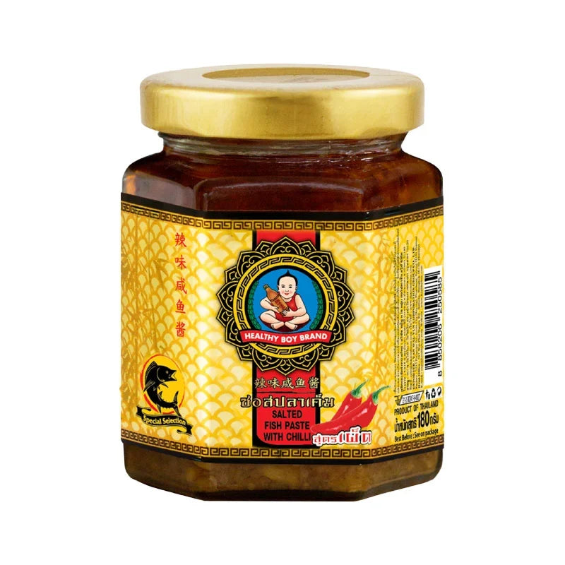 Deksomboon X O Fish Paste with Chilli in 180g package, showcasing the spicy fish paste product from the dry grocery section.