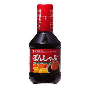 Bottle of Mizkan Pon Shabu Sauce, a Japanese grocery condiment with a dark, glossy appearance and label featuring Mizkan branding.