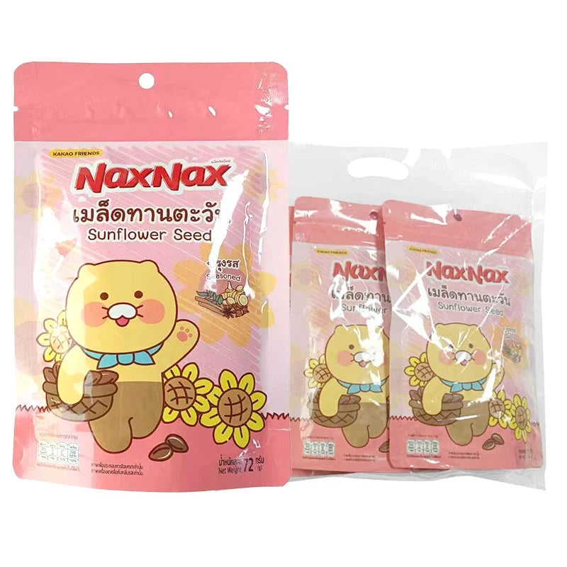 Naxnax seasoned sunflower seeds in a 72g pack, displayed with a bowl of sunflower seeds, highlighting snack and confectionery appeal.