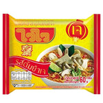 WAIWAI Vegetarian Tom Yum Flavor instant noodles in 60g dry grocery package with spicy, tangy broth and noodles.