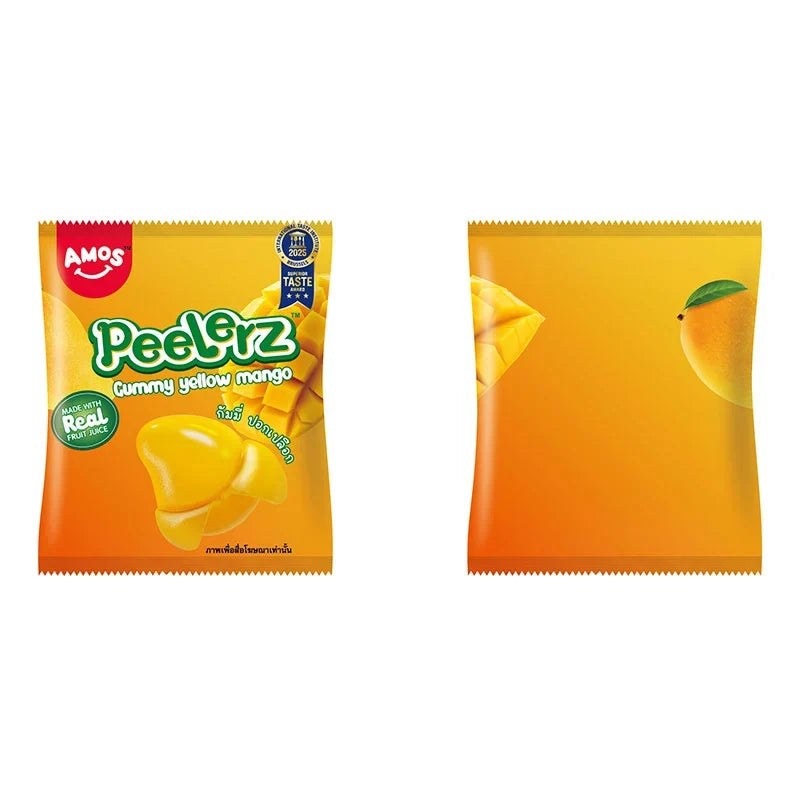 Amos Peelerz Gummy Yellow Mango snack bag, 608g, displaying bright yellow mango gummies in colorful packaging.