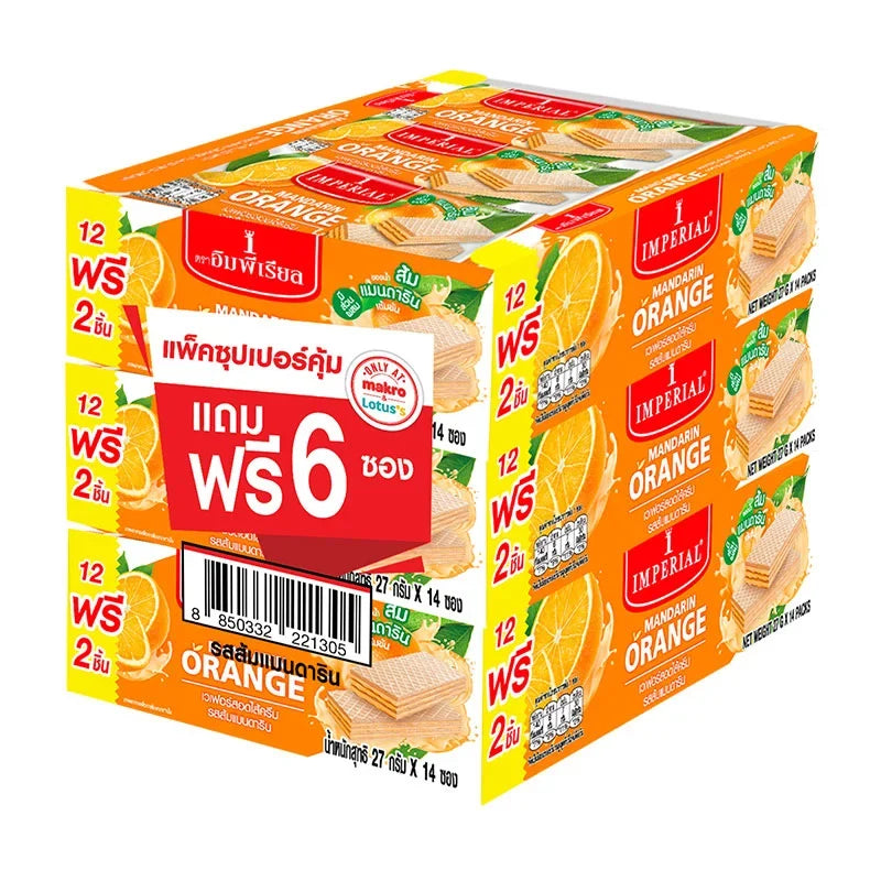 Imperial Wafers filled with mandarin orange cream, 378g, snack confectionery with crispy wafer layers and orange-flavored filling.