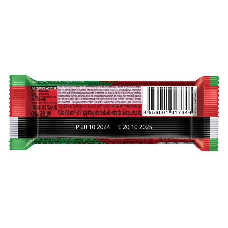 KITKAT X MILO wafer fingers in chocolate malt flavor, 24-pack of 16g snack bars with crispy wafer and malt coating.