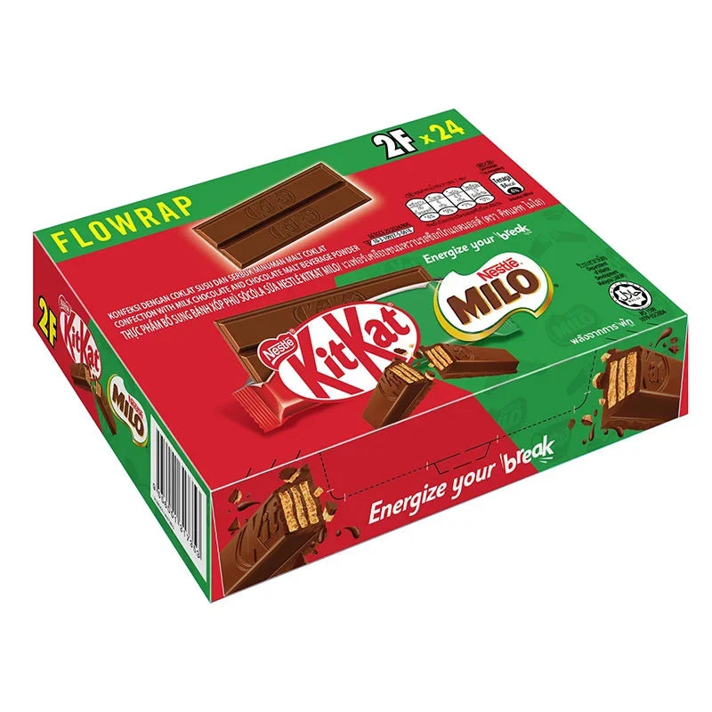 Kitkat X Milo wafer fingers in chocolate malt flavor, 16g snack packs, displayed in a box, perfect for snacks or confectionery.