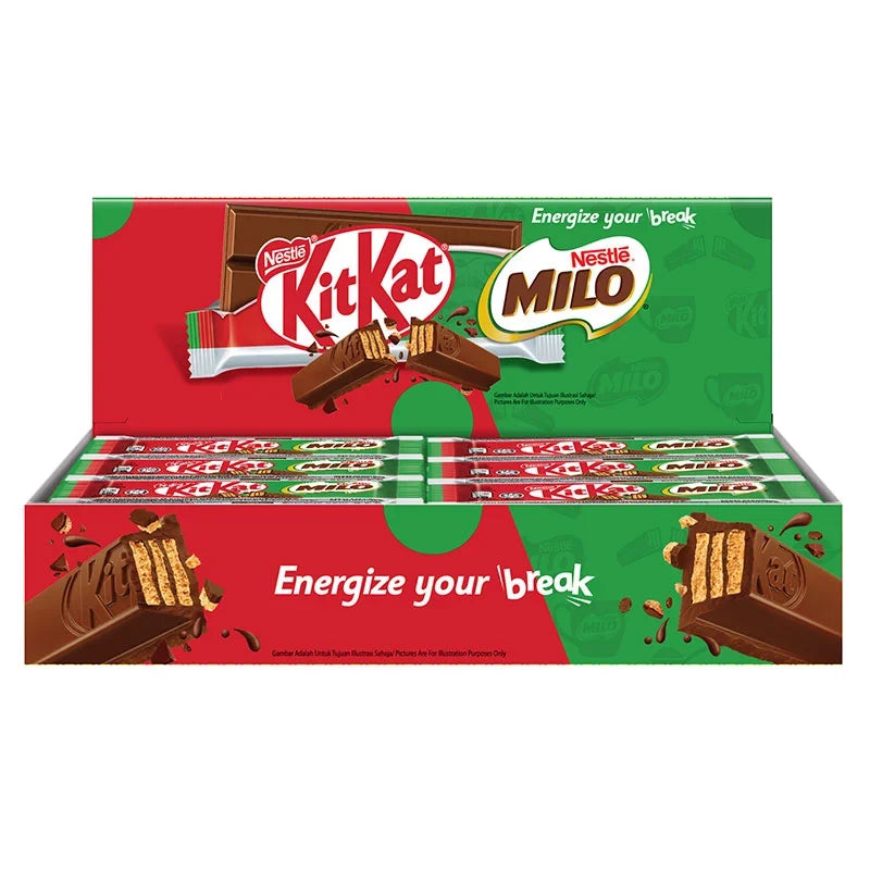 Kitkat X Milo wafer fingers in chocolate malt flavor, 16g each, shown in a pack of 24 snack-sized confectionery bars.