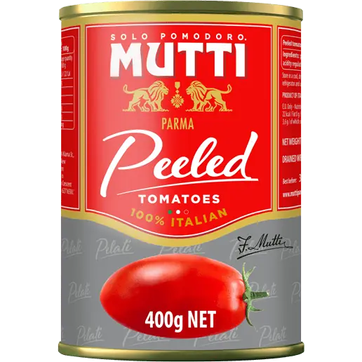 Canned Mutti whole tomatoes in a jar, showing fresh, ripe tomatoes inside the glass container for cooking or recipes.
