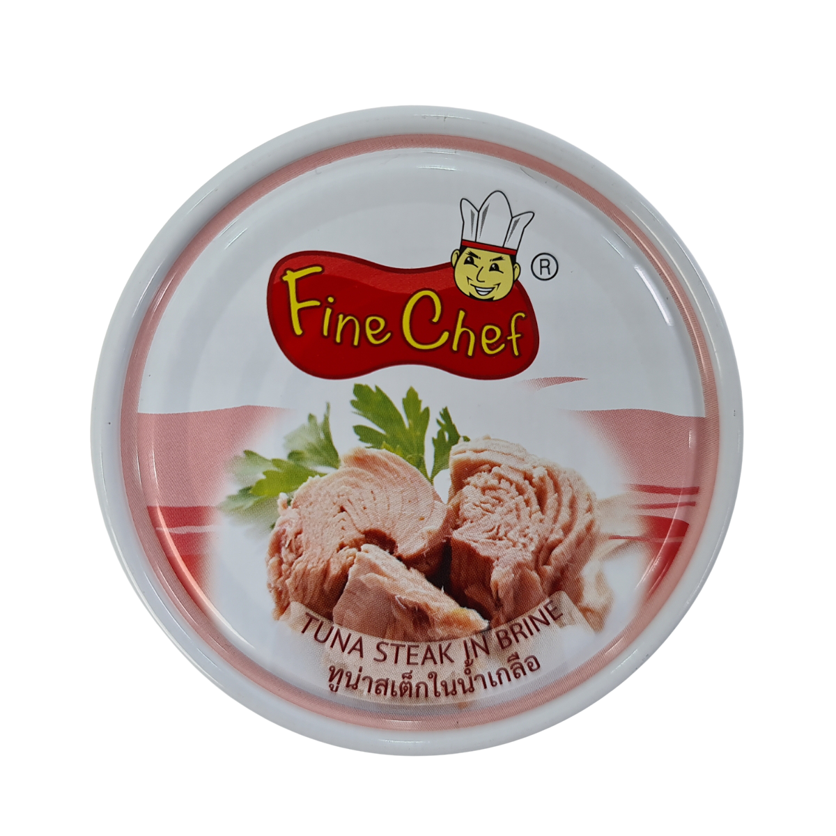 Canned Fine Chef Tuna Steak in brine, shiny silver can with label, suitable for seafood recipes and healthy meals