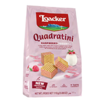 Loacker Quadratini Raspberry wafer cookies, crispy confectionery snacks with raspberry flavor, stacked in a clear container.