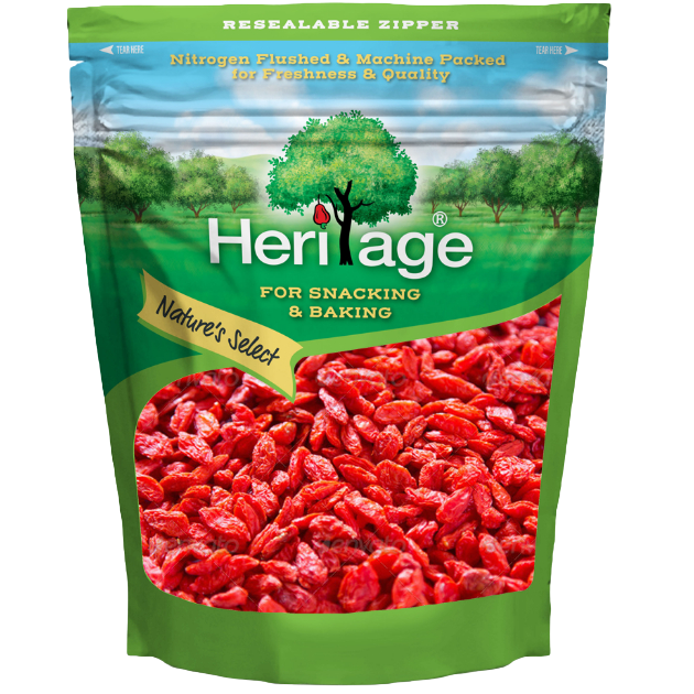 Dried Goji Berries from Heritage, a natural confectionery snack with vibrant red, wrinkled dried berries close-up.